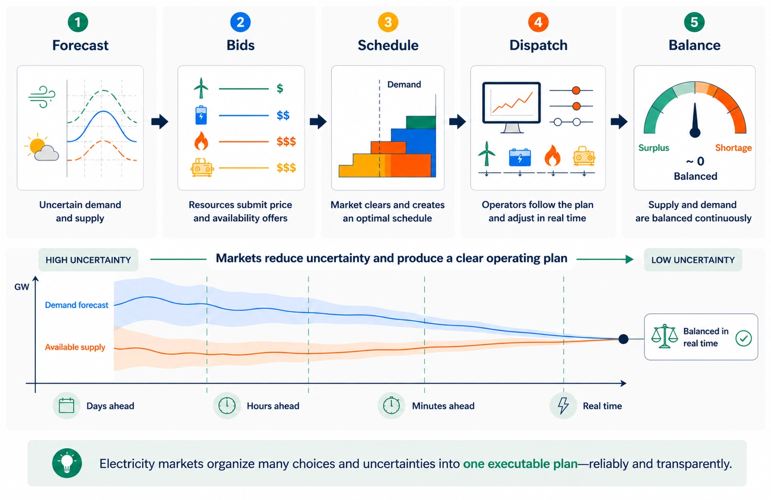 Timeline diagram showing forecast, bids, schedule, dispatch, and real-time balancing.