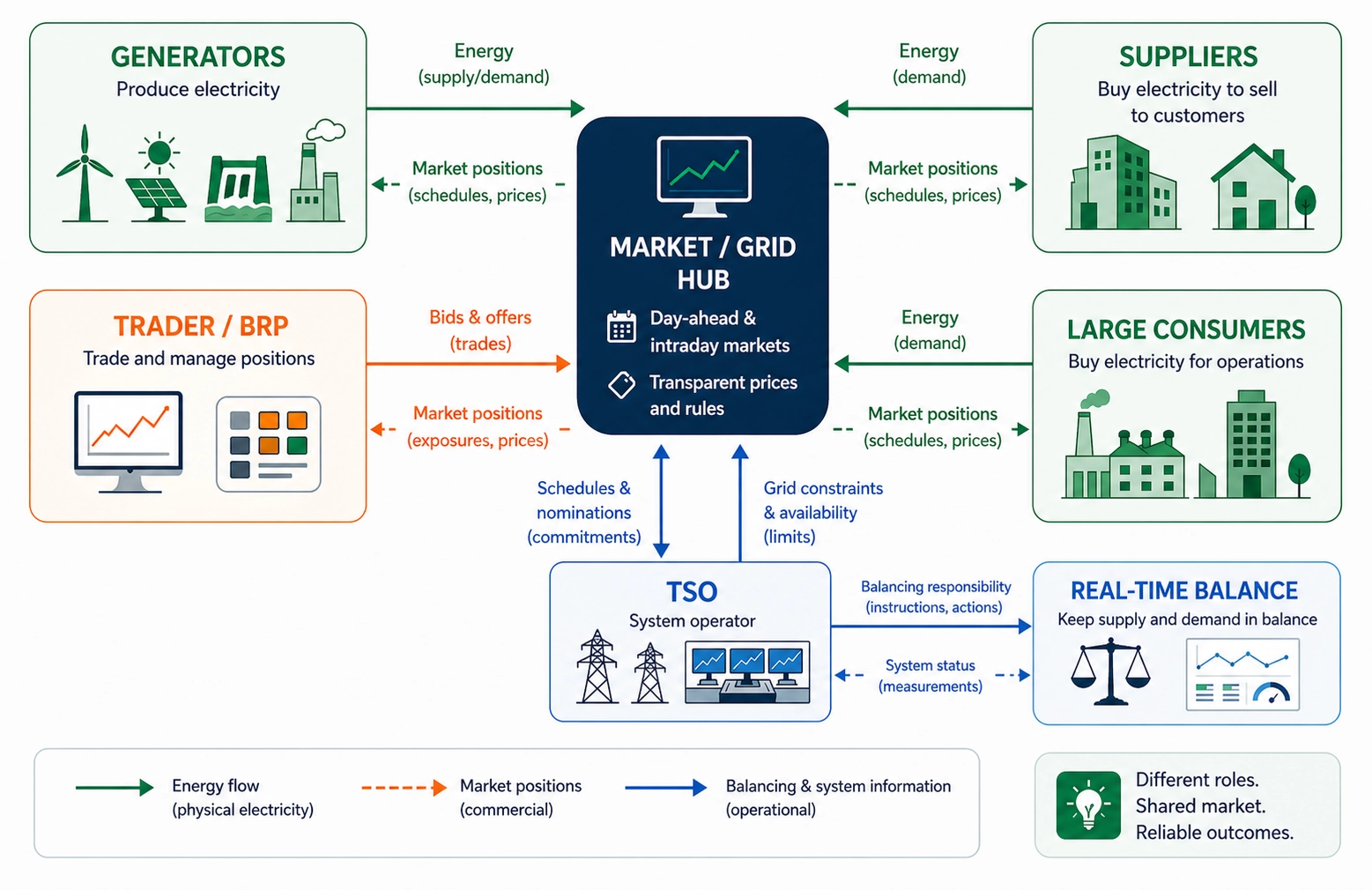 Market role map connecting generators, suppliers, large consumers, traders, BRPs, and the TSO.