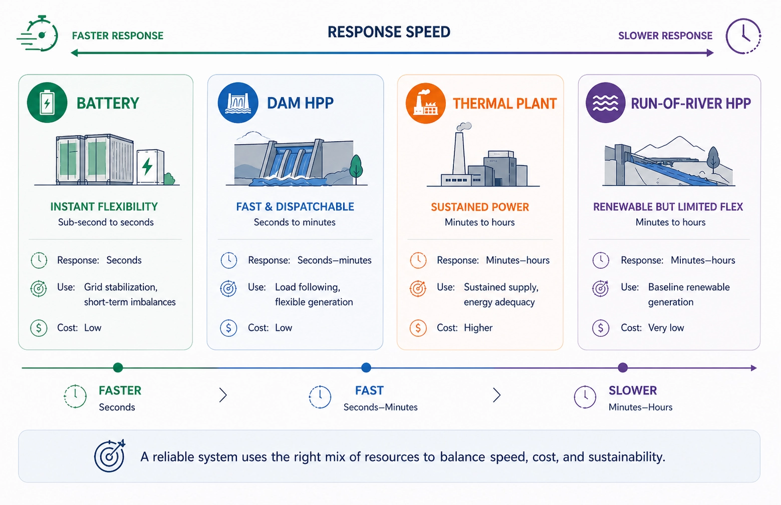Flexibility stack comparing batteries, dam hydro, thermal plants, and run-of-river hydro.