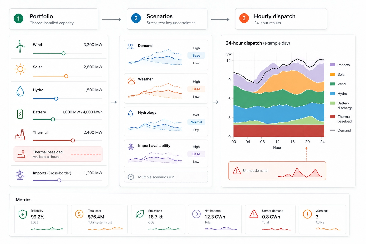 Power system planner concept diagram showing capacity portfolio choices, scenario stress tests, hourly dispatch with thermal baseload, reliability checks, and system metrics.